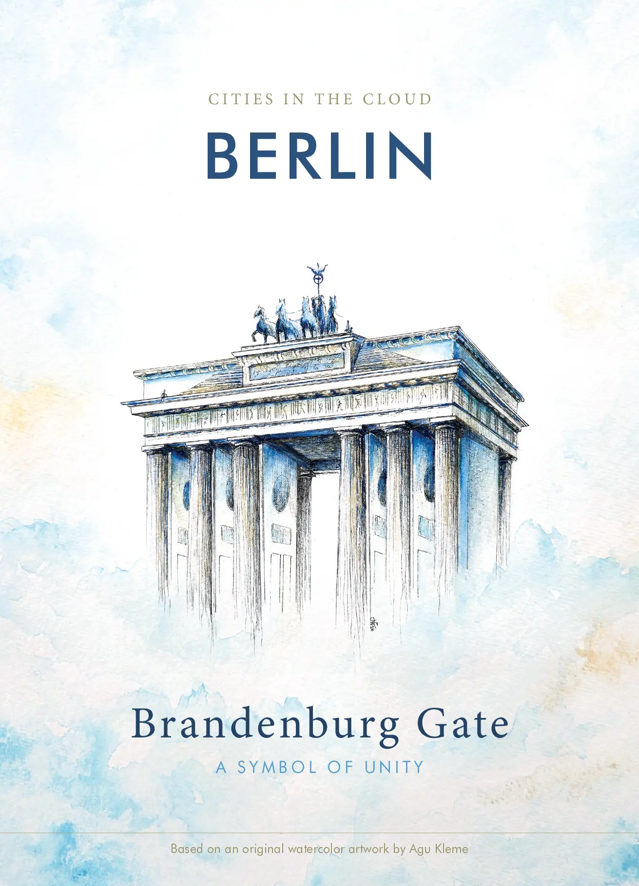 Berlin postcard featuring a hand-drawn watercolor illustration of the Brandenburg Gate from the Cities in the Cloud collection by Agu Kleme.